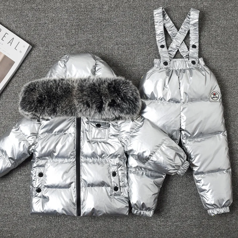 

New winter children's down jacket and overalls set with big fur collar for boys, girls, babies, children's clothing, skiing clot