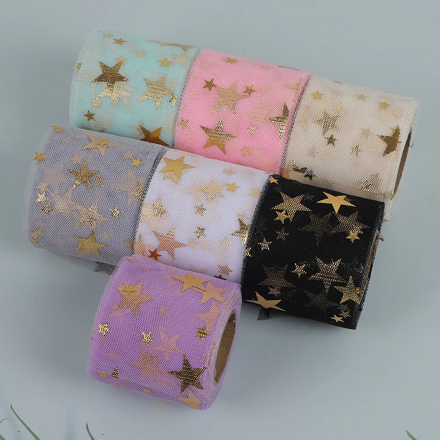 22Yards/Roll 6cm Hexagonal Tulle Ribbon, Hot‑Stamped Gold Five‑Point Star Mesh Tape for Gift Wrapping & DIY Bow Craft