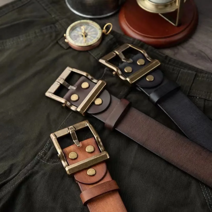 Мужской винтажный брючный ремень из воловьей кожи с латунной пряжкой и верхним слоем