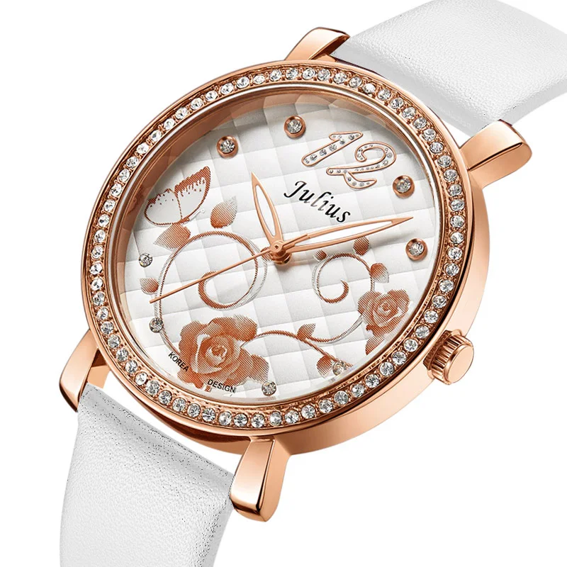 Julius Women's Watch Quart Hours Top Fine Rose Flower Fashion Bracelet Real Leather Rhinestone Girl’s Birthday Gift Box