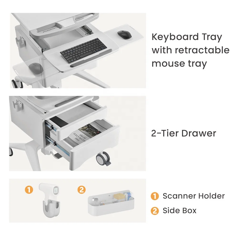 Gas-Lift Medical Cart Mobile Code Height Adjustable Hospital Rolling Treatment Bedside Computer IV Trolley with Drawer Wheels