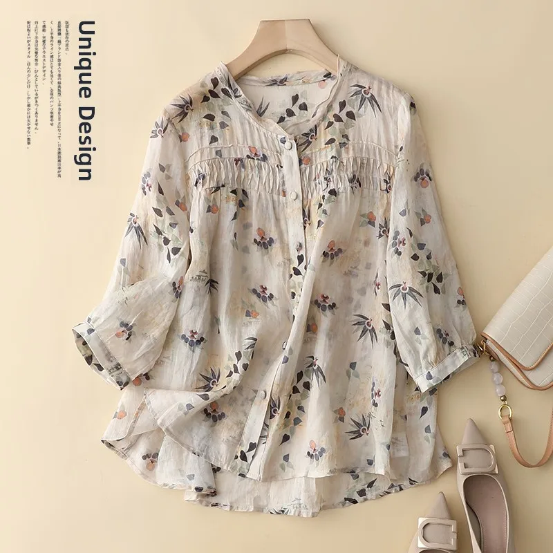 

Лляна айрт с цветочным принтом Ele, летняя, большого размера, свободная посадка из смеси хлопка, повседневная одежда для поездок на работу, длина Five Sve