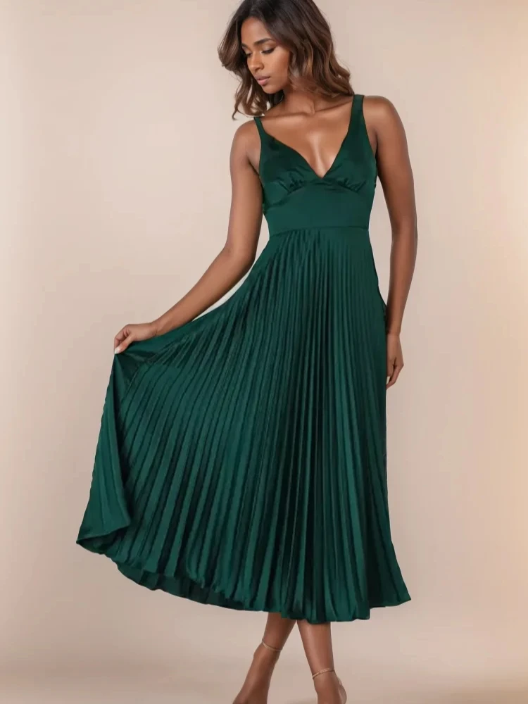 

Sexy Backless V-neck Sling Dresses Summer Women's Dress New SKinny High Waist Solid Fashion Maxi pleated dress Woman Clothing
