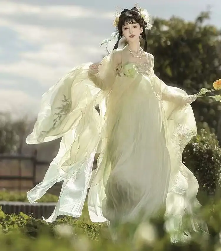 

Винтажная женская юбка Ханфу из династии Тан, традиционная юбка Hezi с вышивкой для тяжелой промышленности, костюм для косплея на Хэллоуин, с большим рукавом