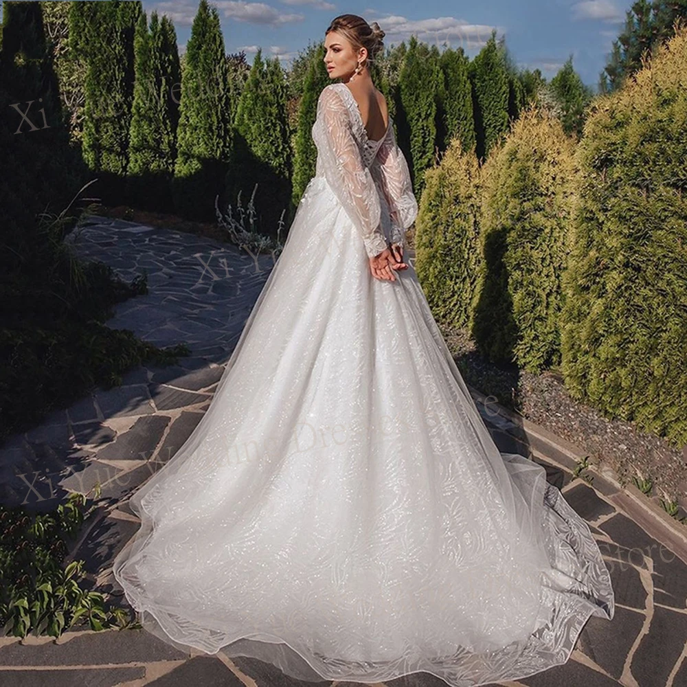 Abiti da sposa da donna romantici A Line Appliques Abiti da sposa personalizzati in pizzo Manica lunga Principessa Sparking Vestido De Novias