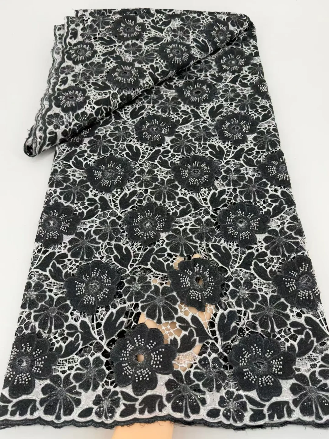 High Quality 2026 Latest African Nigerian With Beads Tulle Sewing Guipure Embroidery Lace Fabric Dresses Sequins 5Yards