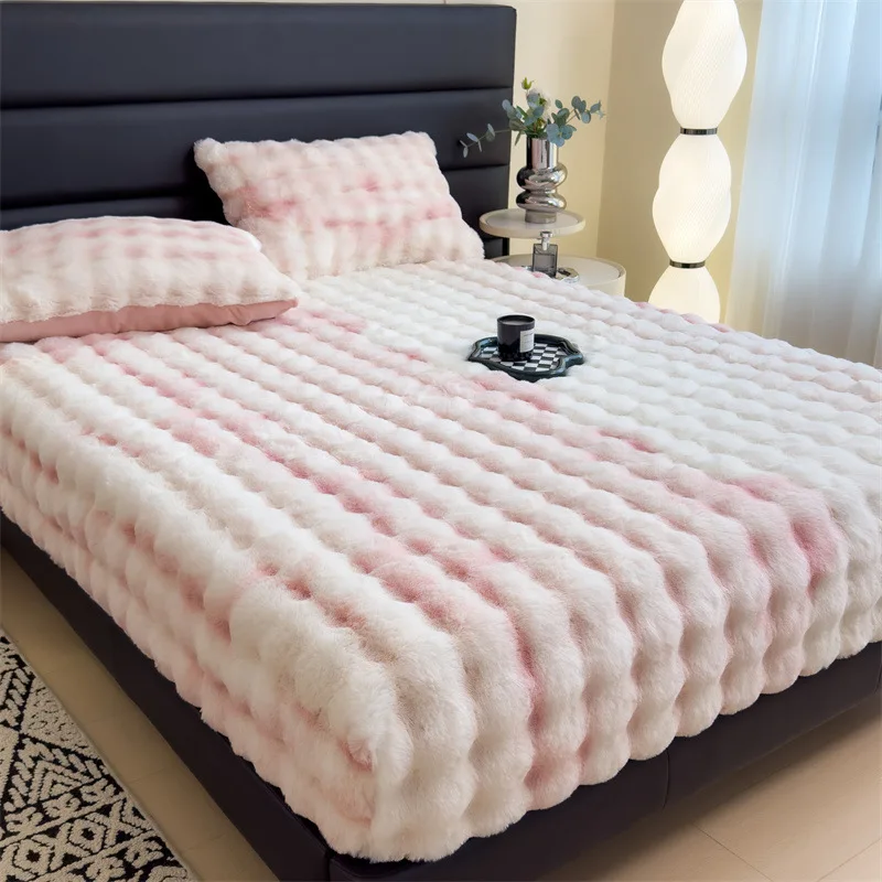 Plush Bed Sheet Thick Bubble Faux Rabbit Fur Fitted Sheet Warmth Comfortable Linens Double Single Mattress Home Bedroom Decor