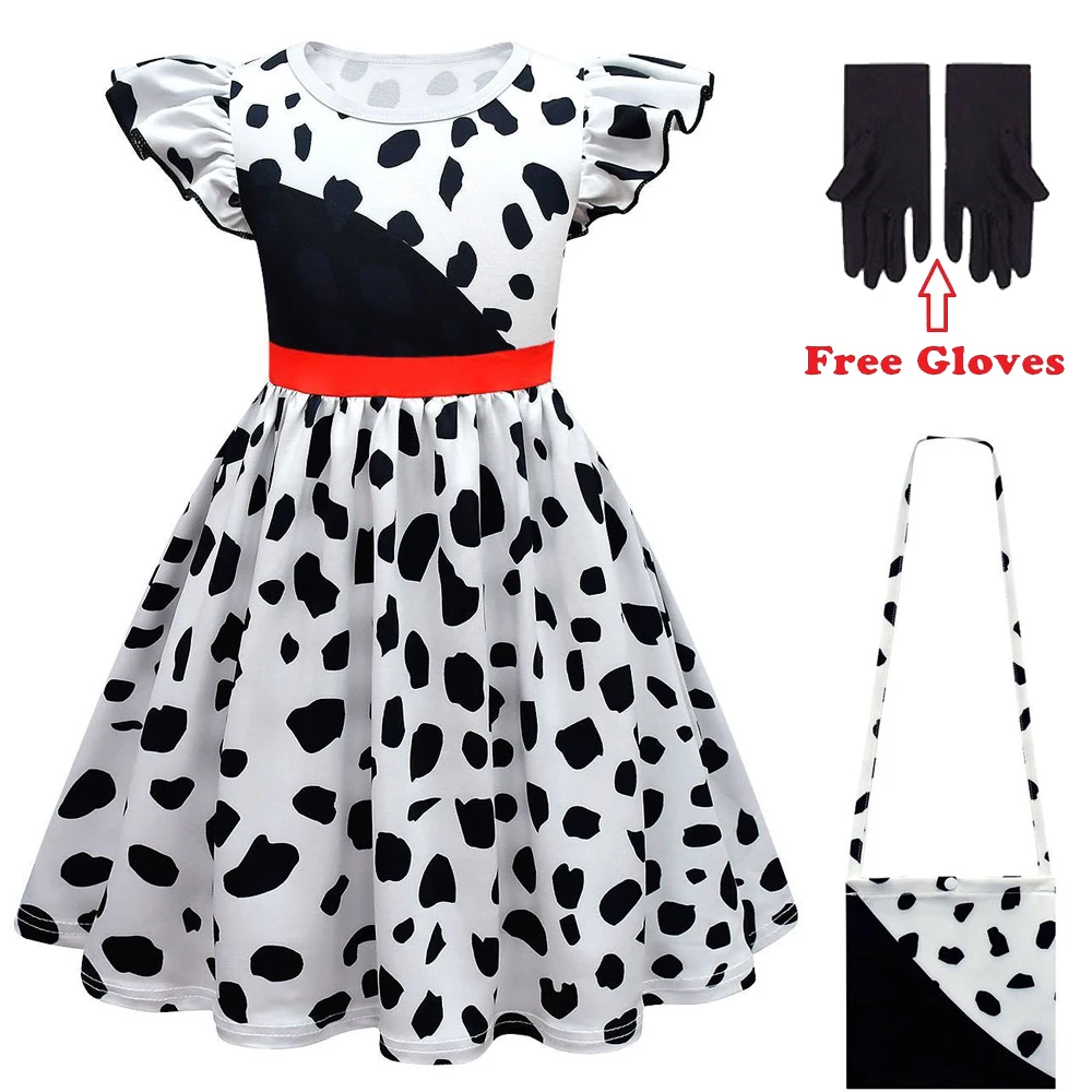 Cruella De Vil Cosplay Costume Girls Halloween Party Suits Gown Black White Maid Dress with Gloves Feifei Sleeve Dress Outfit