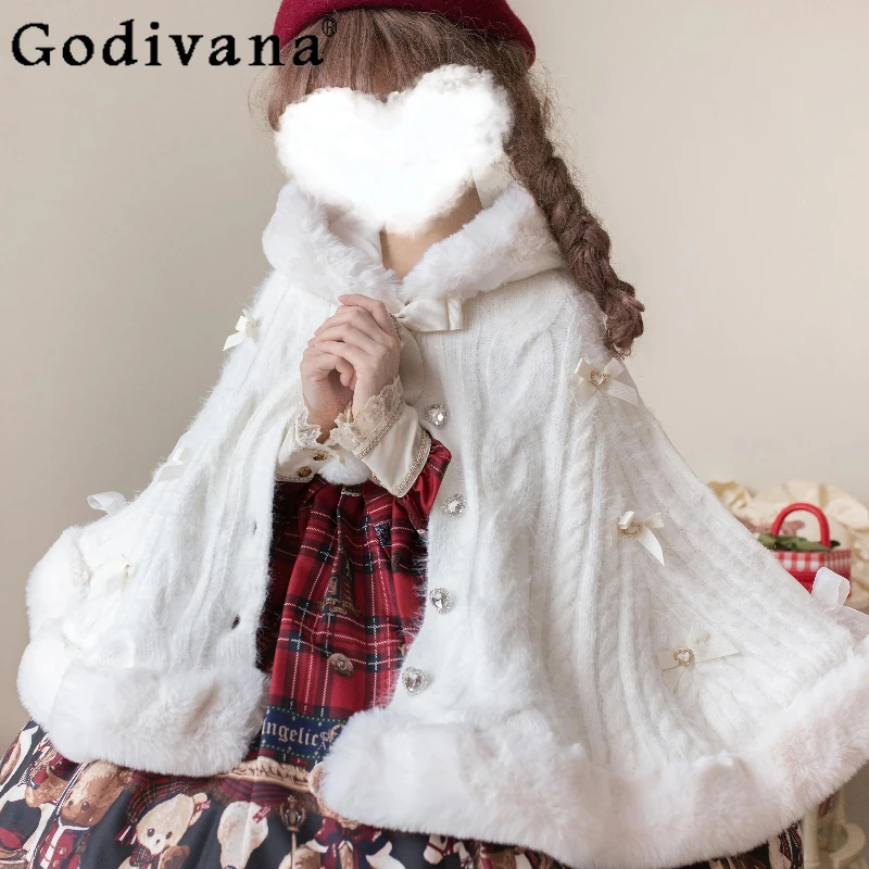 

Lolita Autumn Winter Soft Girl Cape White Pink Color Knitted Sweater Coat Women's Japanese Style Princess Sweet Capes Coat