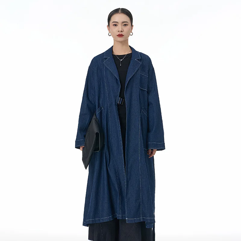 Europeu e americano temperamento denim trench coat casaco longo 2024 outono e inverno novo tamanho grande roupas femininas soltas