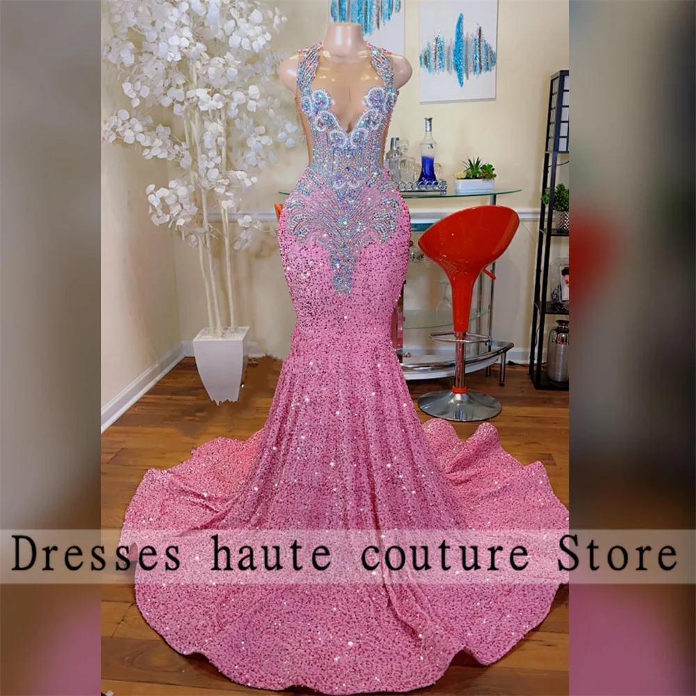 Luxury Pink Sequined Mermaid Prom Dresses Sexy 2025 For Black Girls Rhineston Crystal Birthday Party Gown Customized