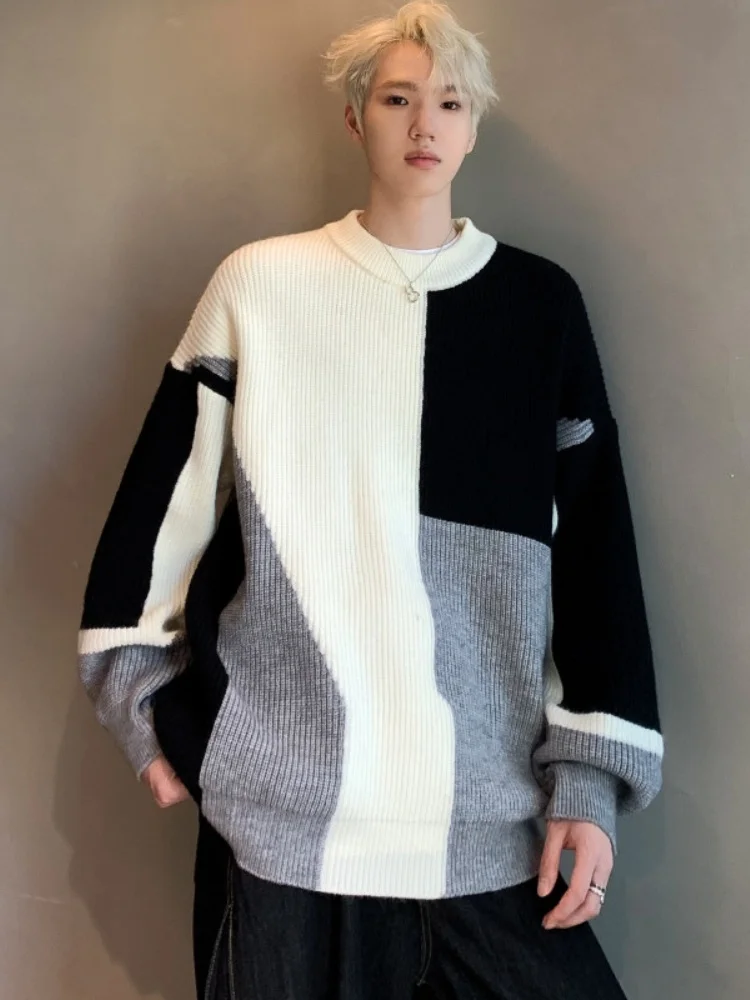 

American Retro Color Blo Knitted Sweater round Ne Spring Autumn Men's Base Layer Loose Fit Casual Long Sve Teenage