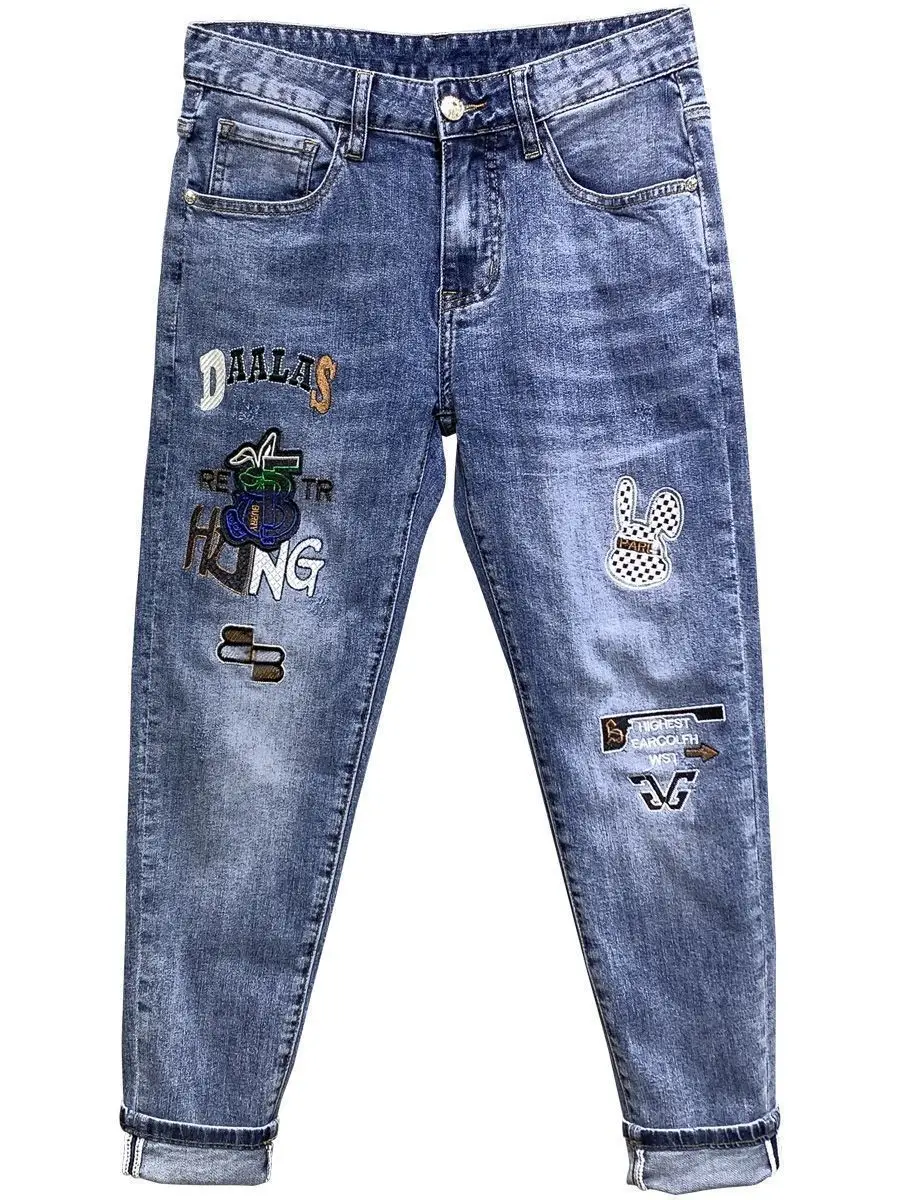 Jean Slim en Denim pour hommes, marque de luxe, pantalon crayon décontracté avec broderie, nouvelle mode coréenne automne été 2024, pantalon Long bleu