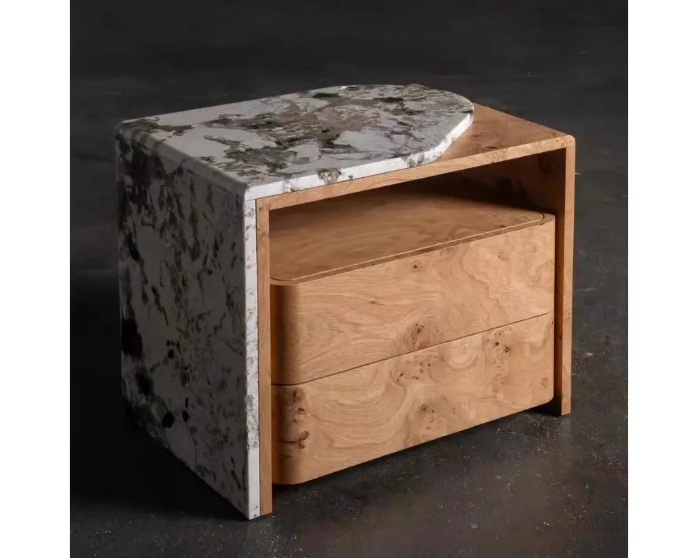 Italian minimalist travertine solid wood bedside table, modern light luxury designer home bedroom storage cabinet, bedside table