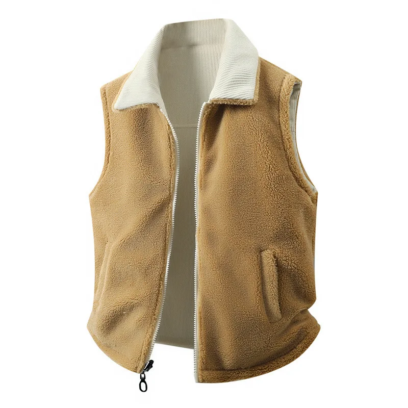 

Winter Man Plush Vest Thicken Warm Turn Down Collar Zipper Men Waistcoat Fashion Contrast Color Sleeveless Male Two-sided Coat
