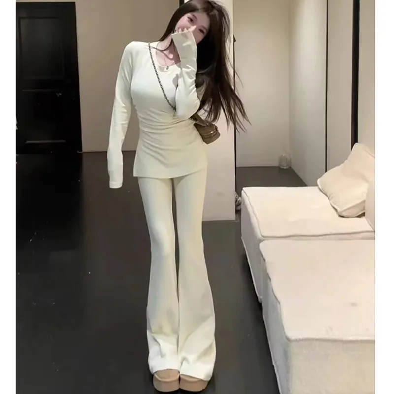 Autumn Winter Women's Fashion Casual Slim Fit Long Sleeve T-Shirt Wide Leg Pants Two Piece Set Split Design Comfortable Wear