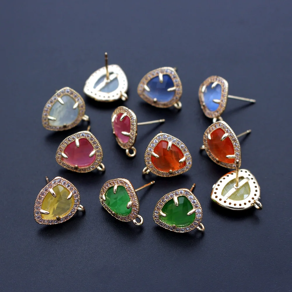 

6pair Gold Plated CZ Geometric Triangle Stud Earring Post Open Loop Connector Linkers Color Cats Eye Stone Earrings for Women