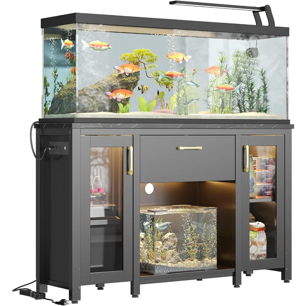 

55 Gallon Fish Tank Stand with Power Outlet & LED Light, 49.2"x13.8" Heavy-Duty Aquarium Stand with Storage, Dual Glass