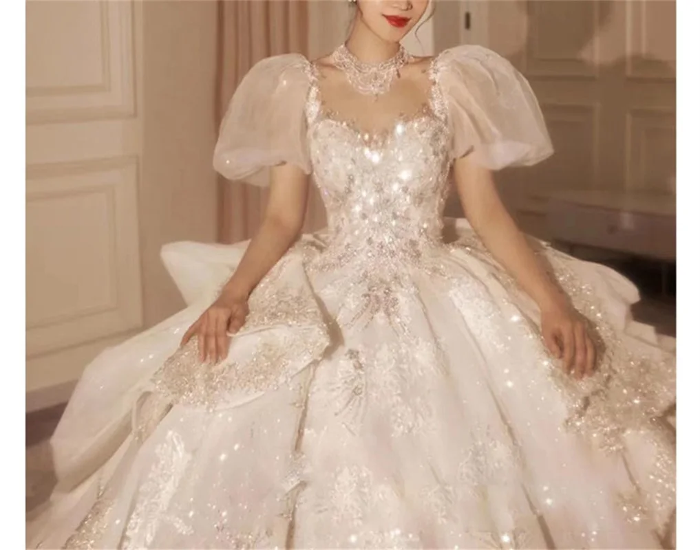 Dubai Arabia Crystal Sequin Ball Gown Wedding Dress Glitter Luxruy Bridal Gown Women 2023 Puffy Sleeves Marriage Robe De Mariée