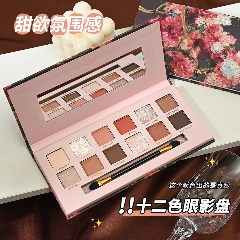 12 لون مجموعات ماكياج الدانتيل خمر الملاك بريق عينيه بيرليسسينت ماتي لوحة مع مرآة عدة تسليط الضوء على أحمر الخدود يشكلون النساء