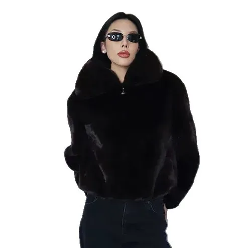Black Winter Women Artificial Fur Jacket Stand Collar Zipper Eco Fur Coat For Lady Coat Thickened Thermal Female Fluffy Fur Coat