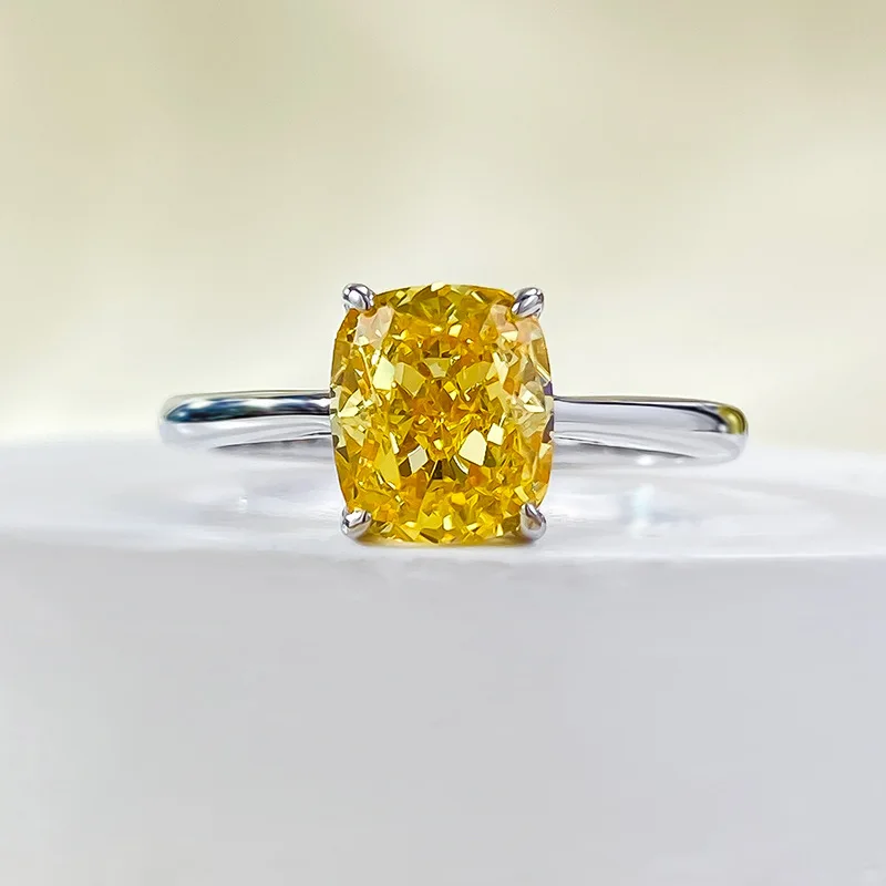 Jewelry S925 Silver 1.25 Carat Pillow Shaped Yellow Diamond Ring Square Simulated Diamond Ring Female Wedding Ring Niche