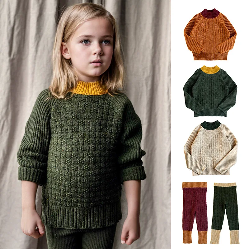 Children's Sweater Set 2024 AW Style Boys and Girls Long-sleeved Knitted Jacquard Sweater and Wool Pants Two-piece Set