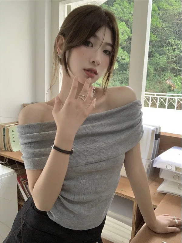 

Женский летний вязаный свитер на одно плечо с коротким рукавом, новый дизайн, облегающий асимметричный топ, модный повседневный стиль