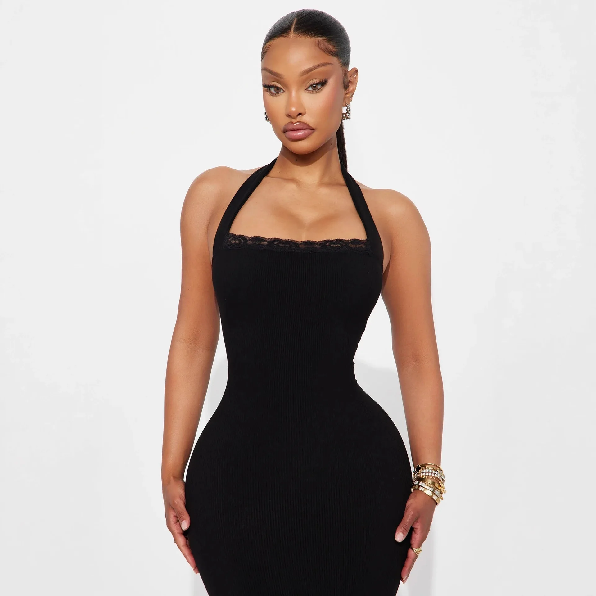 

European And American New Cross-border Fashion Solid Color Slim-fitting Sexy Lace Splicing Backless Neck Jumpsuit Jumpsuit Women