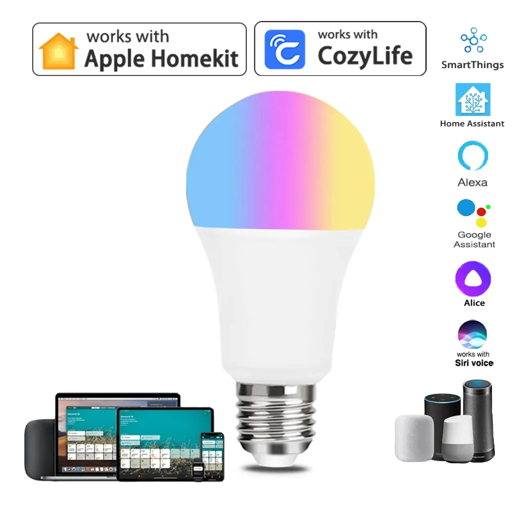 2024 9W WiFi Homekit โคมไฟ E27 LED RGB โคมไฟ Siri หรี่แสงได้ฟังก์ชั่นจับเวลา 110V 220V สมาร์ทหลอดไฟทํางานสําหรับ Alexa Google