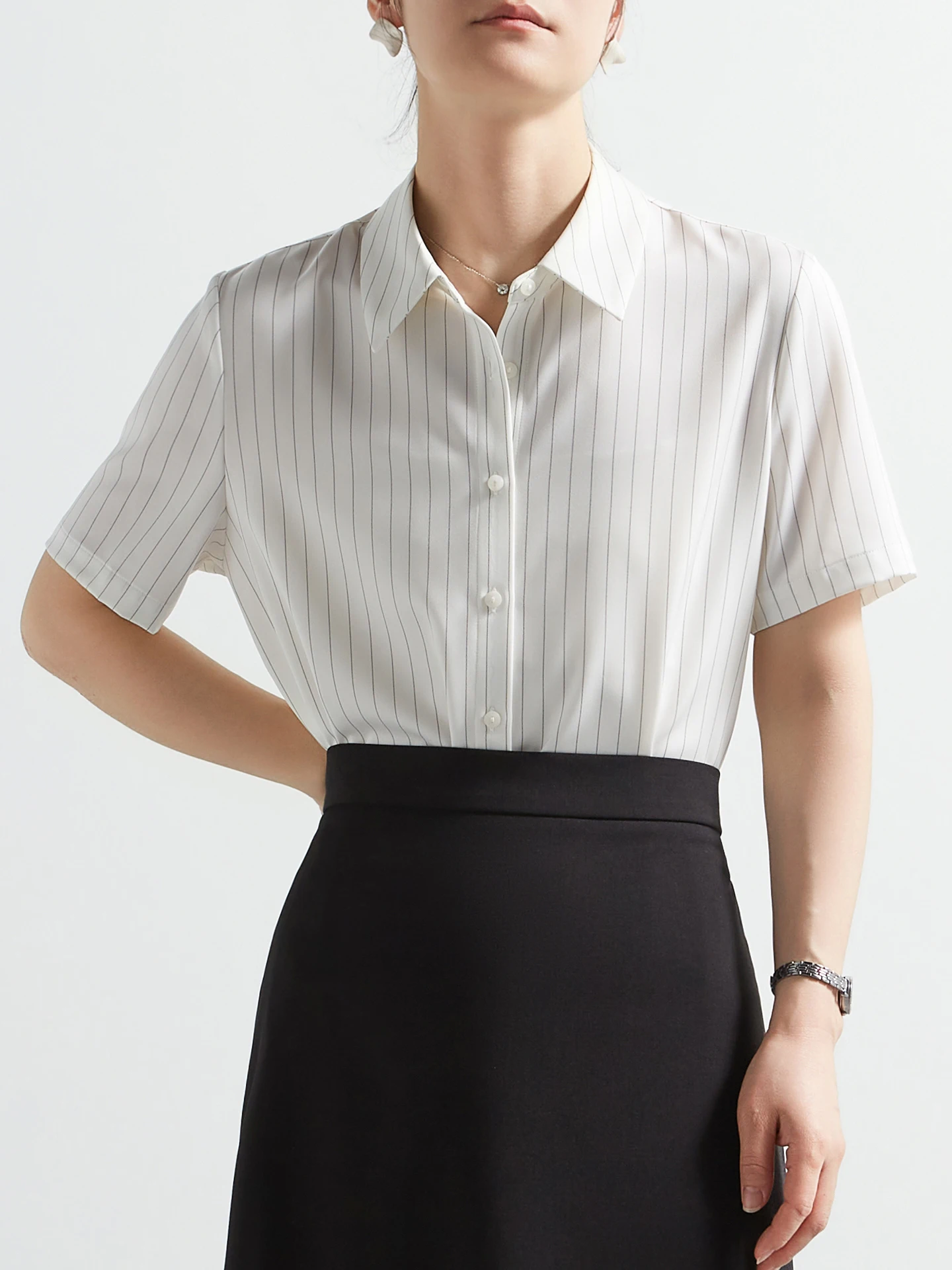 

CHICBLISS Satin Striped Shirt Women's Short Sleeve Summer New Office Wear Interview Clothing Female Business Casual Shirt