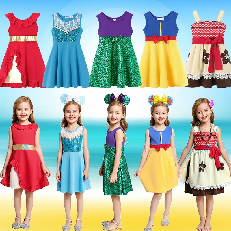 Children Elsa Anna Casual Dress Girls Moana Summer Cotton Daily Oufit Vestidos Children Sleeveless Colorful Costumes Dress