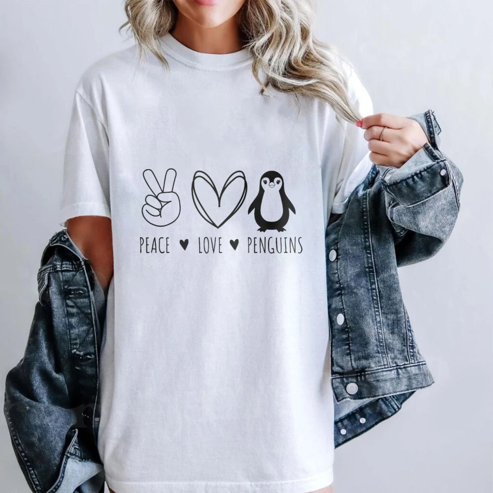 Peace Love Penguins Shirt Penguin Fan Gift Women Clothes Pattern Printed Casual Streetwear Ropa De Mujer Camisetas