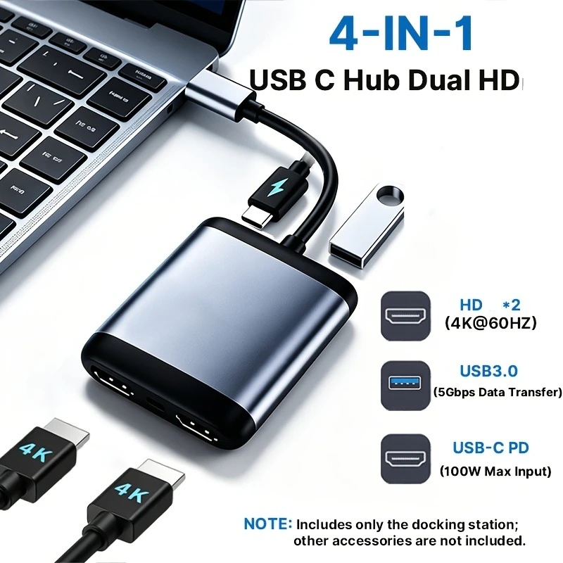 4-in-1 USB C Hub Dual HDMI-compatible 4K@60Hz Multiport Adapter USB3.0 5Gbps Docking Station for MacBook Tablet Windows Laptop