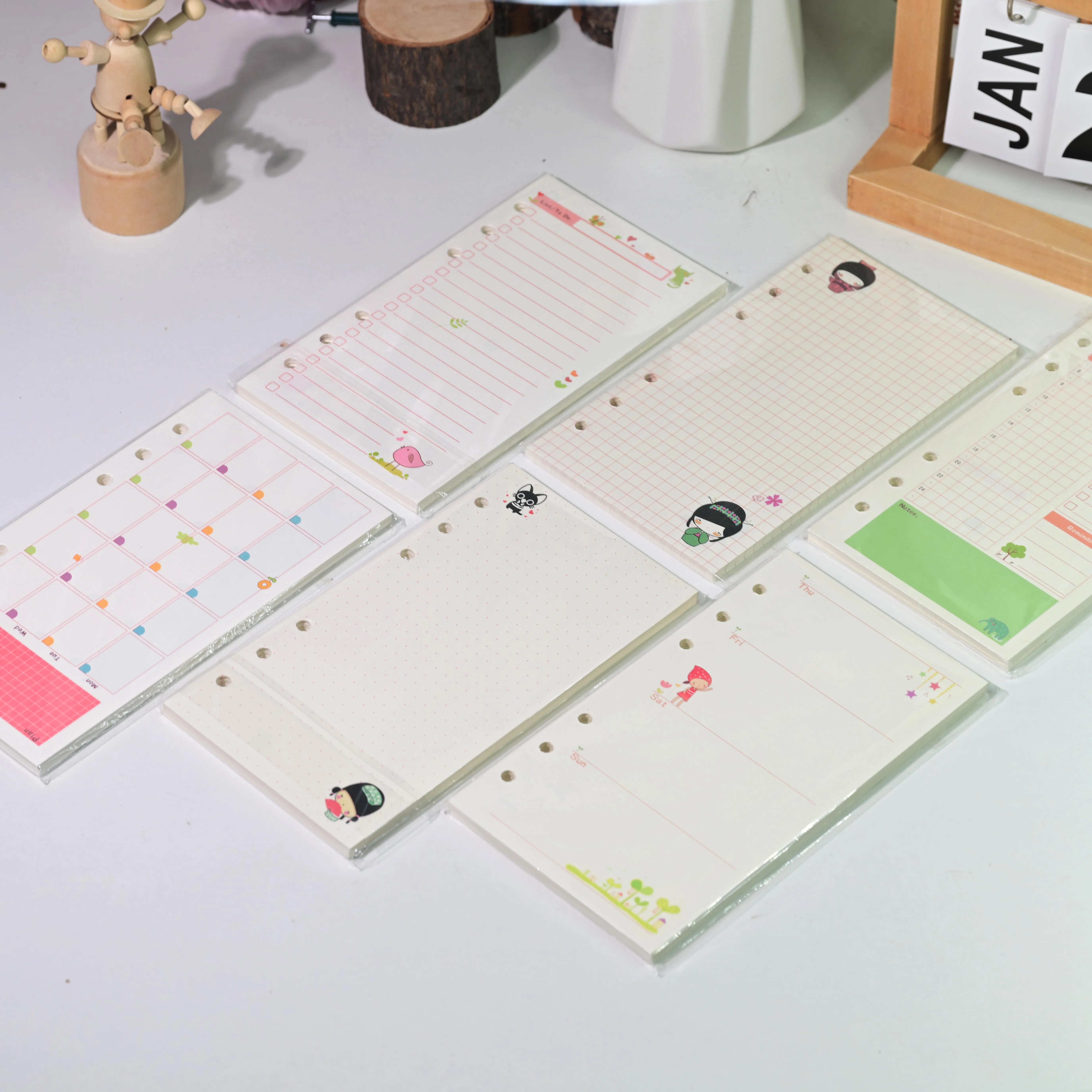 A6 6-Hole Cute Planner Refills 45 Sheets, 6 Styles Kawaii Animal Girl Loose Leaf Inserts, Weekly Monthly Grid Dot To Do Bookmark