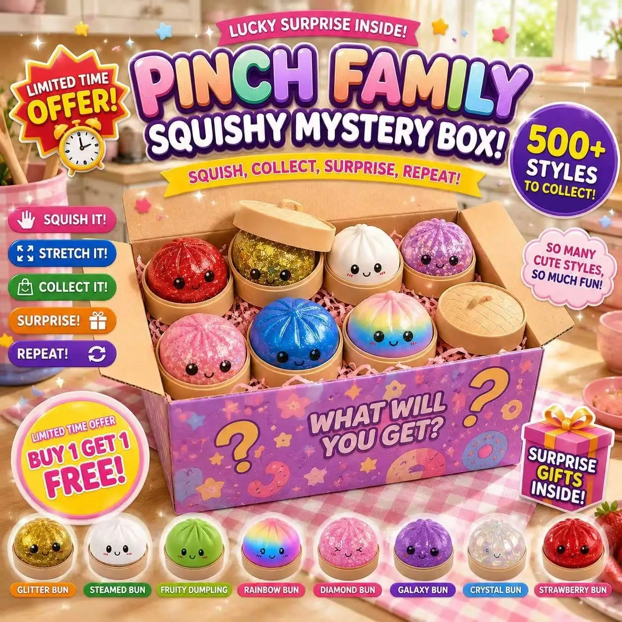 

[Limited-Time Offer]Buy 1 Get 2 FREE! Pinch Family Squishy Blind Box, Ultra Soft Cute Bun/Dumpling Squeeze Toys, Stress Relief Sensory Fidget Toys For Kids & Adults, Perfect Gift For Party Favors, Classroom Rewards & Anxiety Relief