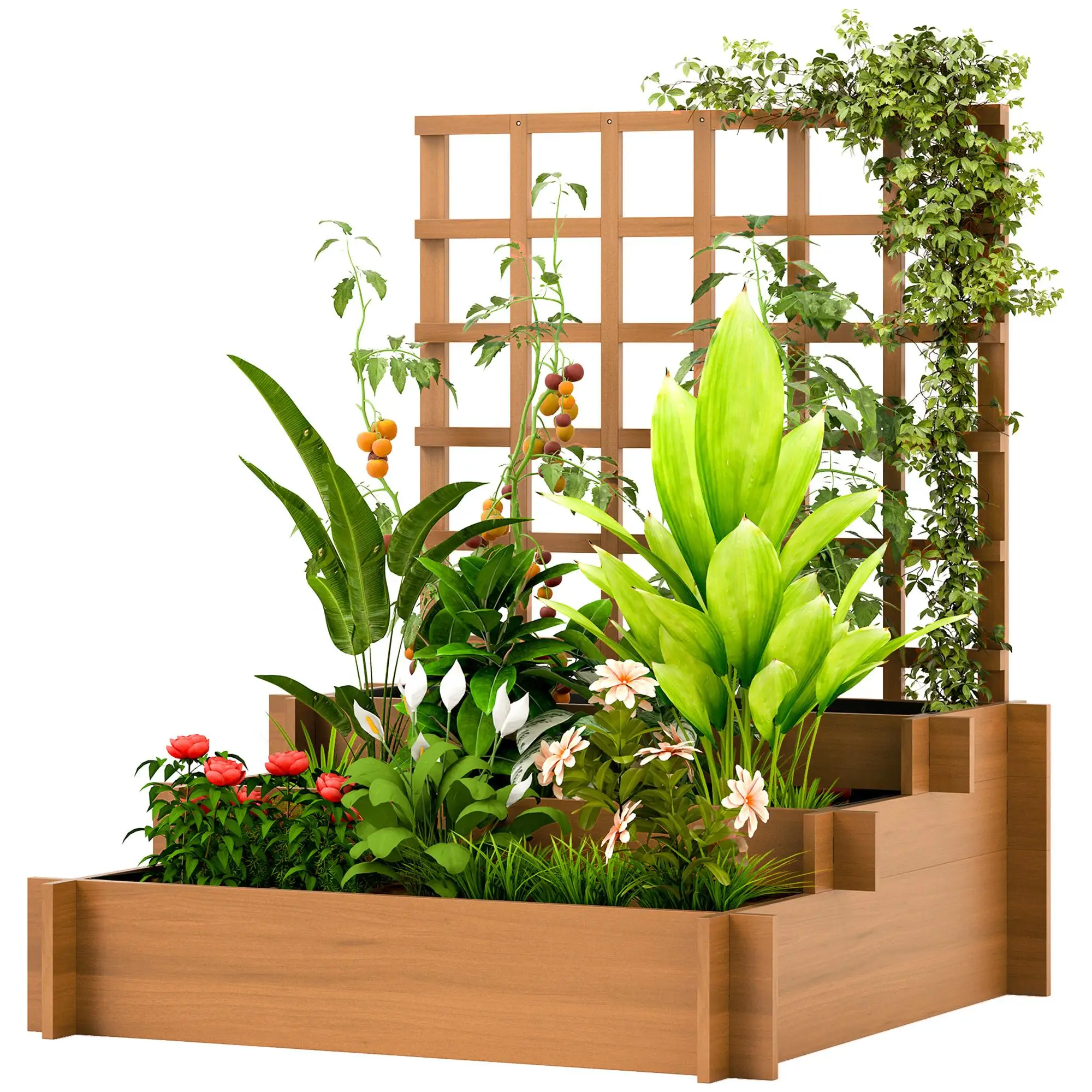 Jardinière surélevée à 3 niveaux avec grille d'escalade pour plantes grimpantes Bois 95x95x110 cm Marron avec tapis non tissé