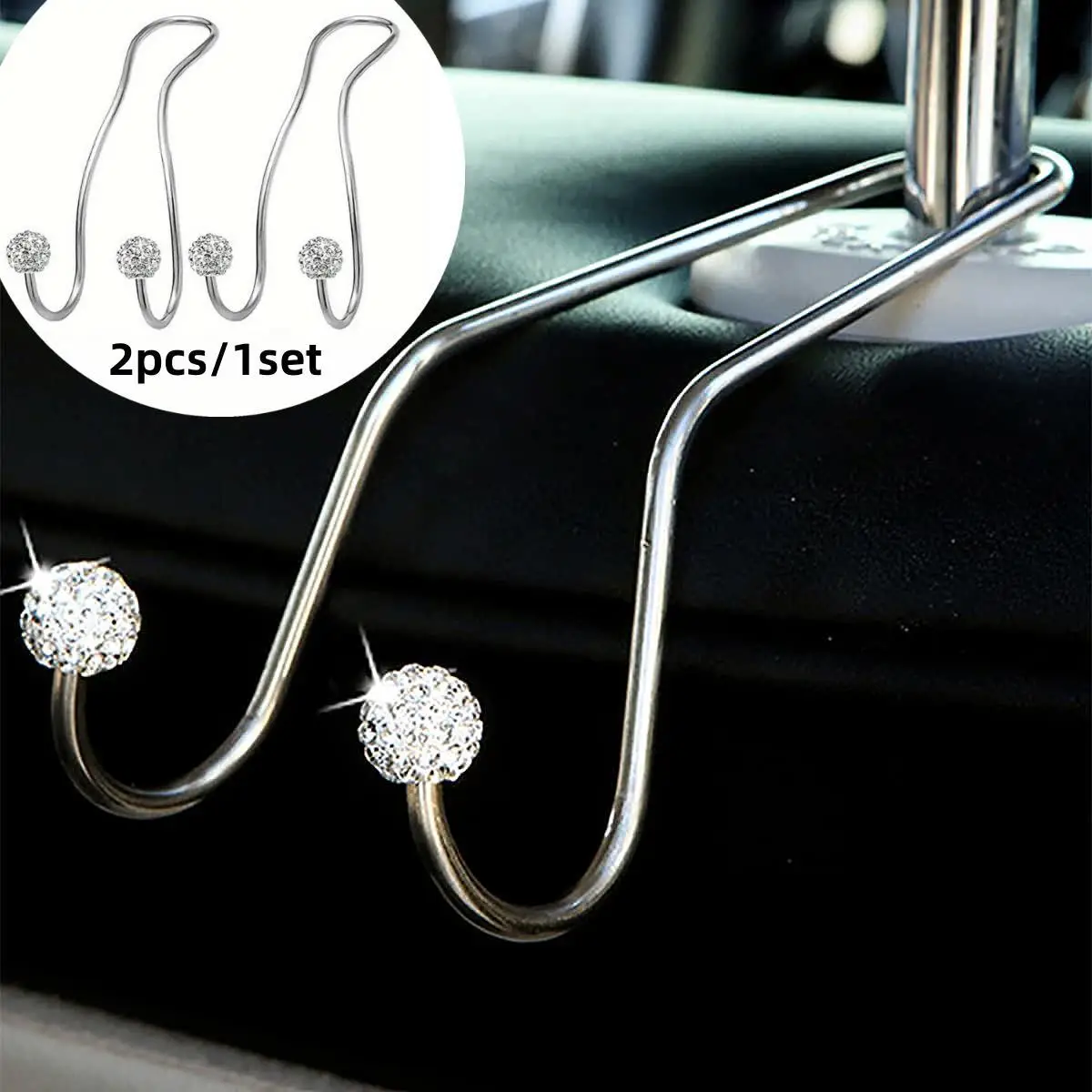 2pcs/set Shiny rhinestone Car Seat Stainless Steel Storage Hook Women's essential car storage hook