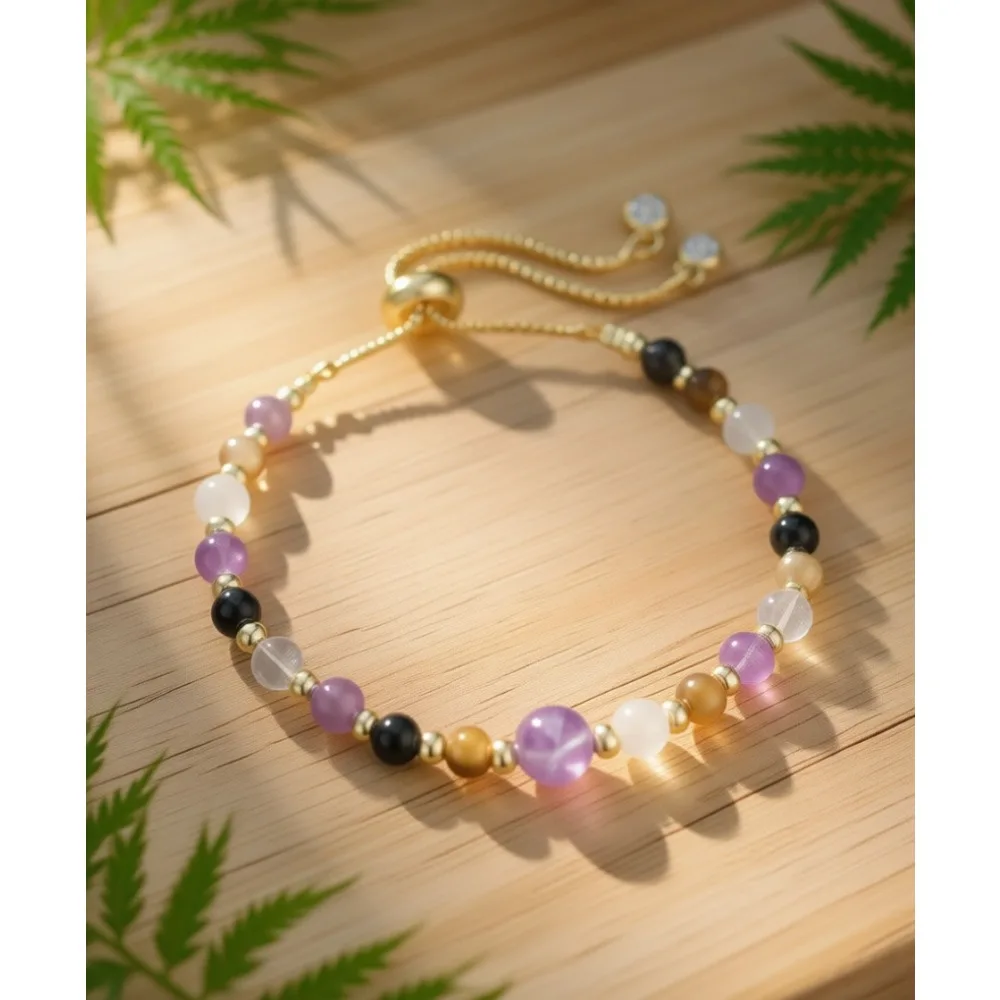 

Браслет из натуральных кристаллов для женщин: аметист, тигровый глаз, черный турмалин, прозрачный кварц – для снятия тревоги, с камнями-талисманами