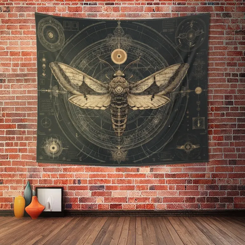 Cosmic Moth Sigil Tapestry, Esoteric Death's Head Moth Wall Hanging, Alchemical Insect Decor for Bedroom or Meditation Space