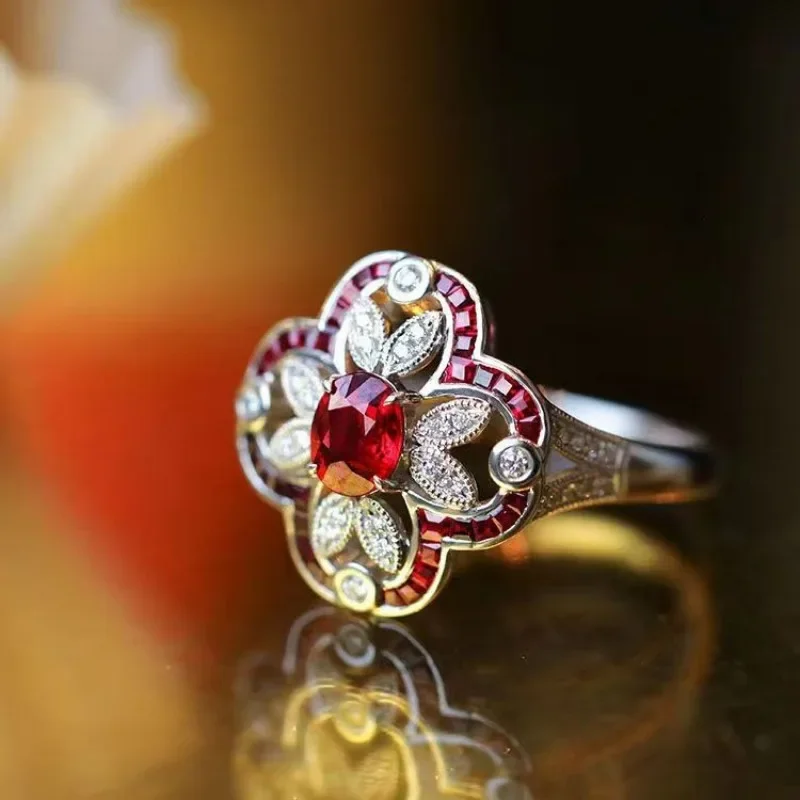 

High Quality 925 Silver Inlaid Red Ruby Rings for Women Vintage Hollow Out Flower Exquisite Charms Banquet Wedding Jewelry