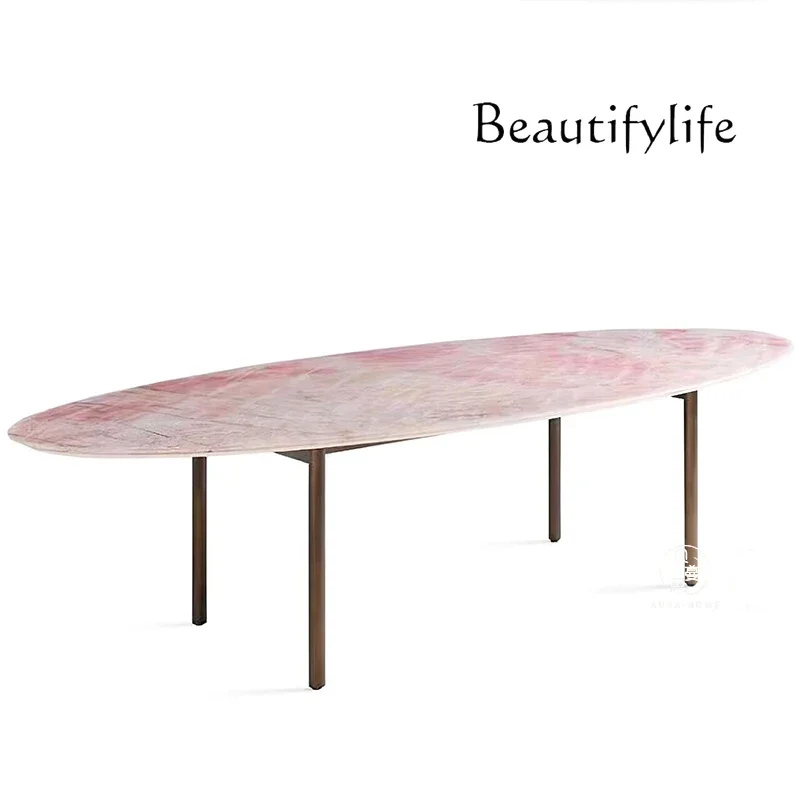 

Light luxury pink jade marble dining table Modern minimalist designer luxury restaurant Home oval dining table