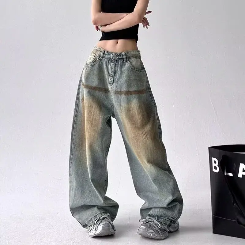Y2K American Retro High Waist Straight Leg Jeans Women Washed Denim Pants Hip Hop Street Style Casual Trousers