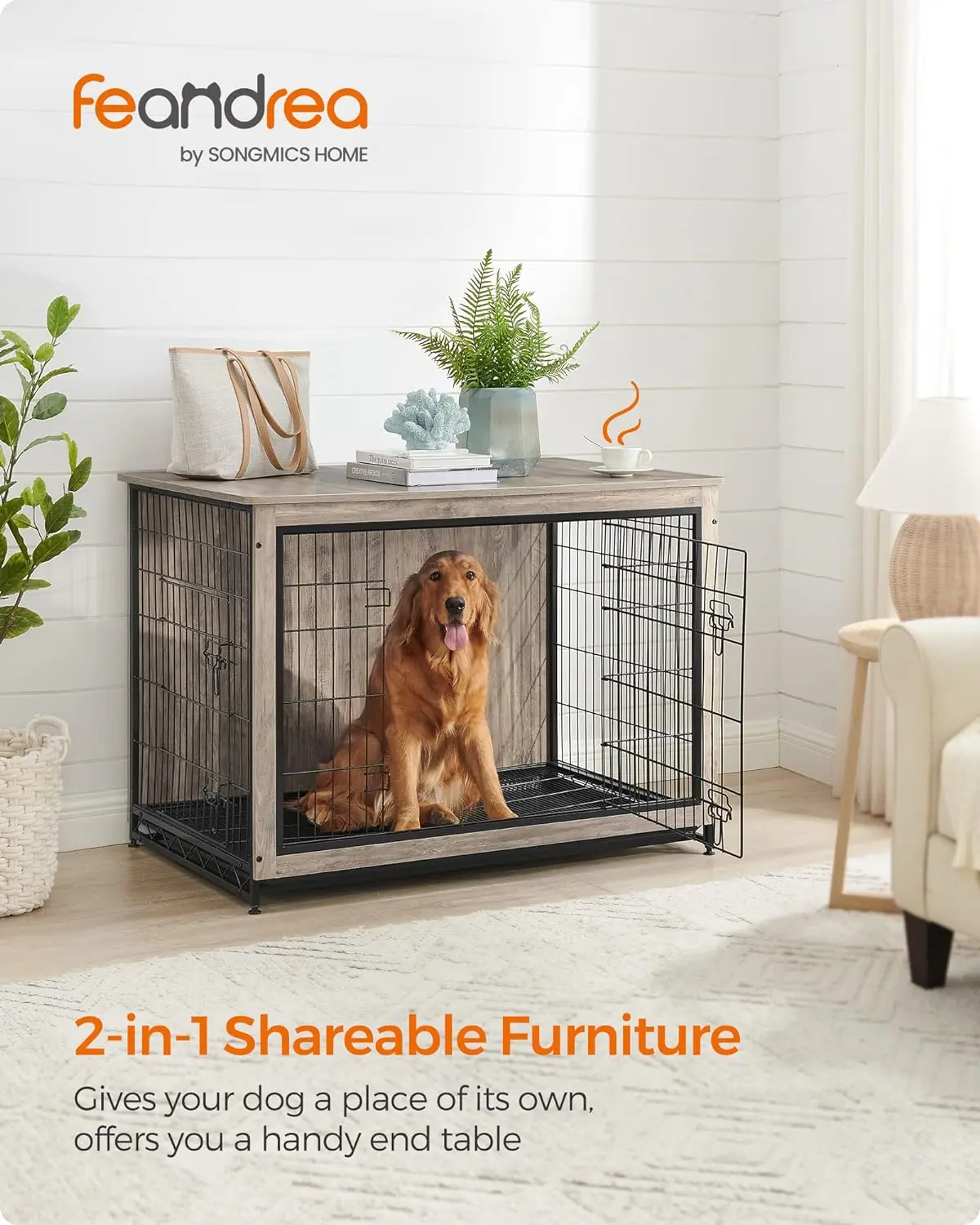 Feandrea Dog Crate Furniture, Side End Table, Modern Kennel for Dogs Indoor up to 80 lb, Heavy-Duty Dog Cage