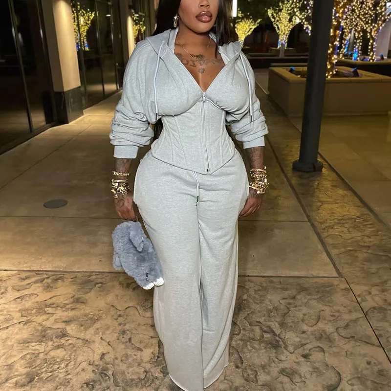 Streetwear casual agasalho mulher conjunto de duas peças desportivo zíper com capuz rendas bandagem espartilho jaqueta e moletom conjuntos combinando