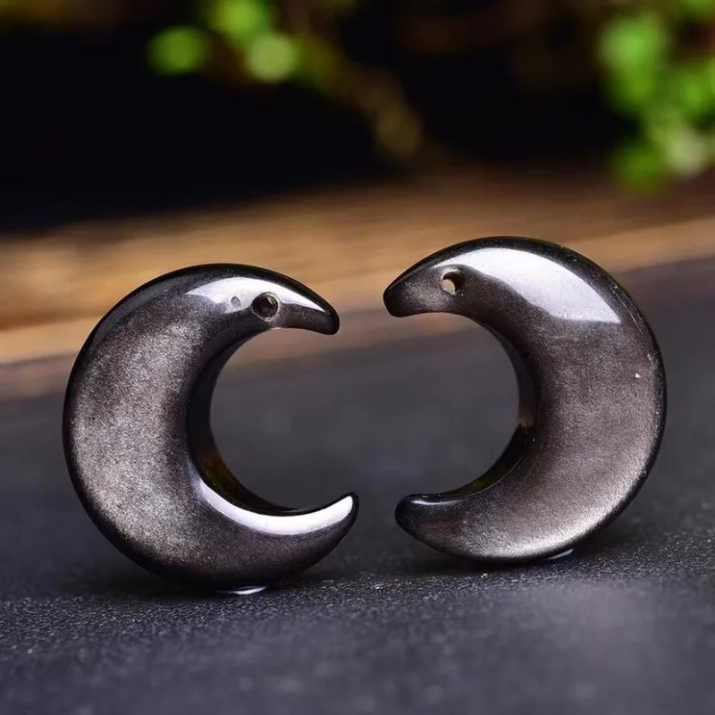 Natural silver obsidian moon three-dimensional engraving bracelet DIY matching