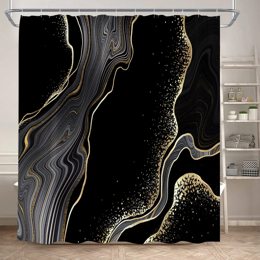 Abstract Marble Shower Curtains Black Green Textured Gold Crackle Modern Geometric Pattern Bathroom Curtain Decor Set with Hooks