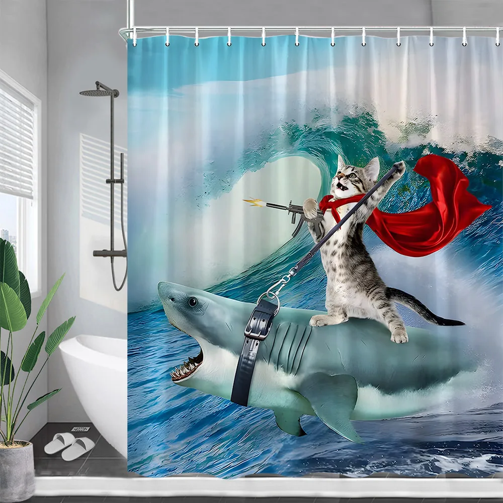 Funny Cat Riding Shark Shower Curtains Sea Waves Cute Animals Creative Children Bath Curtain Polyester Bathroom Decor with Hooks