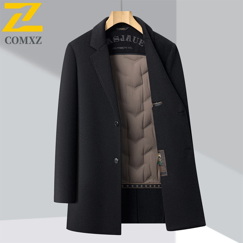 

Comxz Winter Long Cashmere Coat Men Luxury Elegant Warm Goose Down Jacket Retro Windproof Single-breasted Woolen Overcoat Trench
