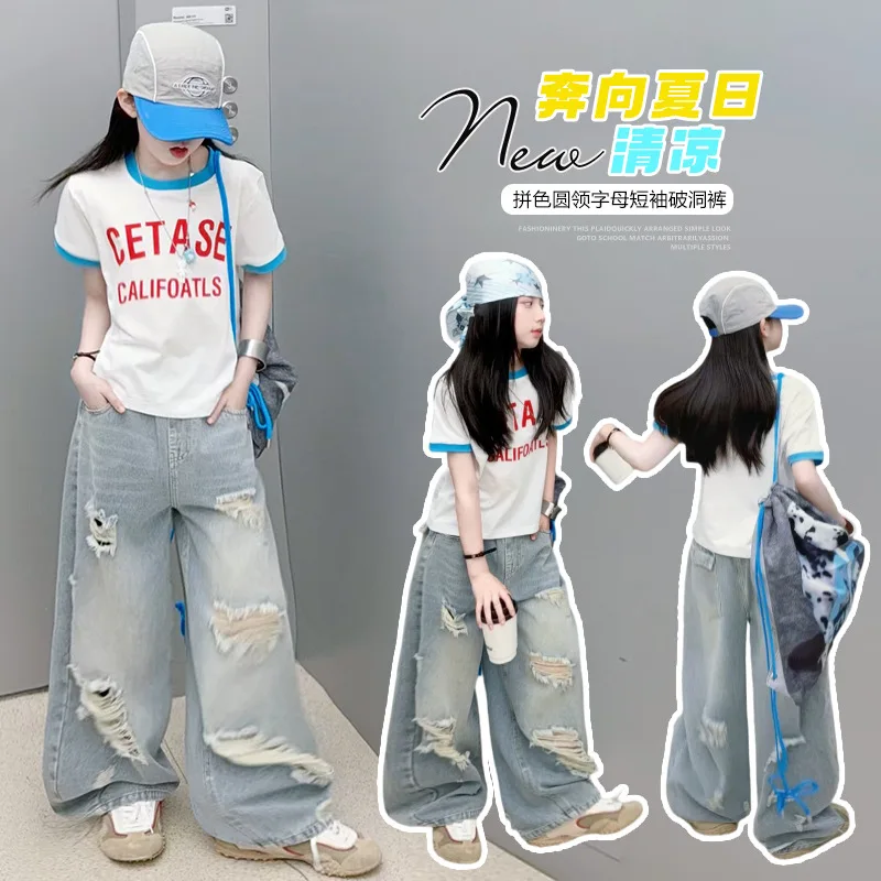 summer teen girls ripped jeans cotton casual letter T-shirt junior kids hip-hop Jazz street Dance child sport clothes outfits